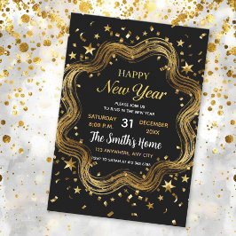Invitación fiesta chic de año nuevo negra y dorada