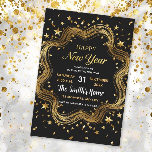 Invitación fiesta chic de año nuevo negra y dorada (Subido por el creador)