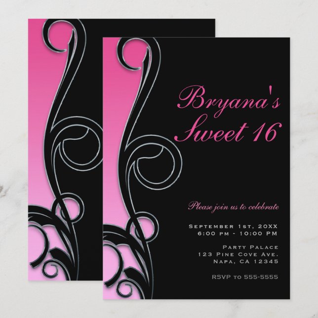 Invitación Fiesta Chic Glam Pink & Black Swirl Dulces 16 (Anverso / Reverso)