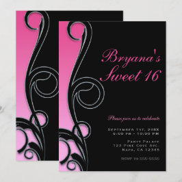 Invitación Fiesta Chic Glam Pink & Black Swirl Dulces 16