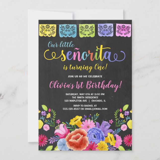 Invitación Fiesta chica acuarelas florales de cumpleaños (Anverso)
