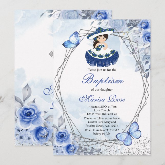 Invitación Fiesta Chica Bautismo Christening Pastel Floral (Anverso / Reverso)