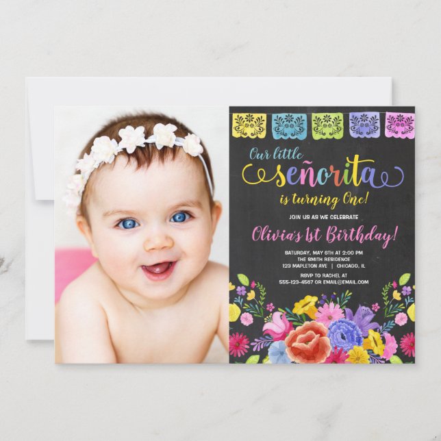 Invitación Fiesta chica cumpleaños acuarelas florales foto (Anverso)