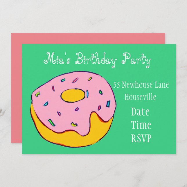 Invitación Fiesta chica de donut rosado (Anverso / Reverso)