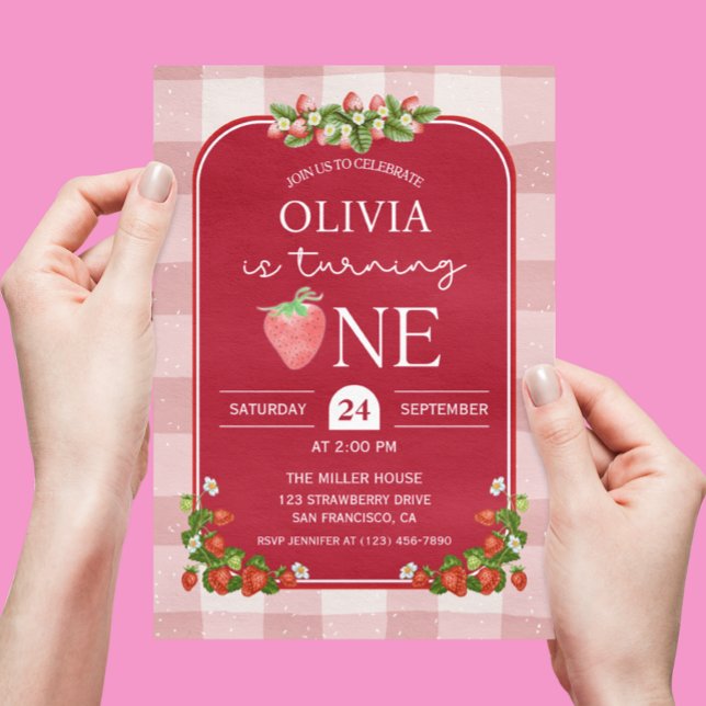 Invitación Fiesta Chica de la Fresa Roja (Red Strawberry 1st birthday invitation)