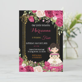 Invitación Fiesta, Chica floral mexicano rosa y rojo 