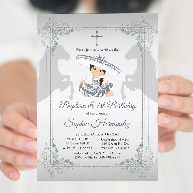 Invitación Fiesta Chica mexicana bautismo plateado y cumpleañ (Subido por el creador)