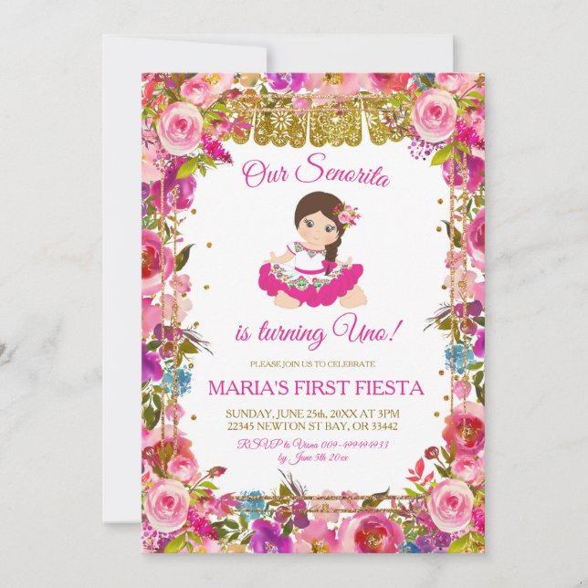 Invitación Fiesta, Chica mexicana rosa, cumple un cumpleaños (Anverso)