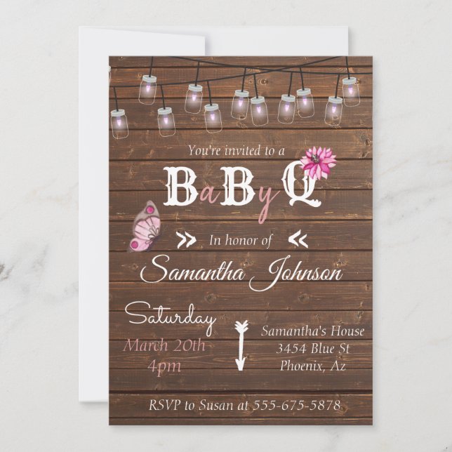 Invitación Fiesta Chica Rosado de Baby Shower BBQ Rustic Wood (Anverso)