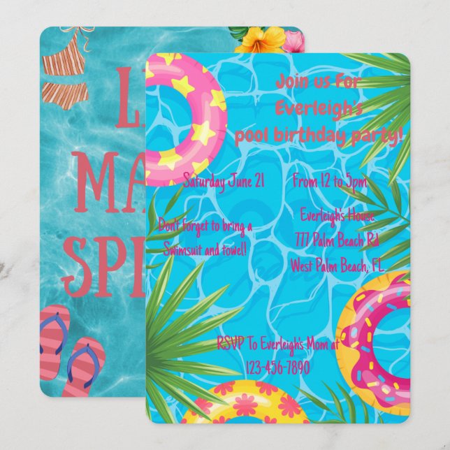 Invitación Fiesta chica  verano Cumpleaños (Anverso / Reverso)