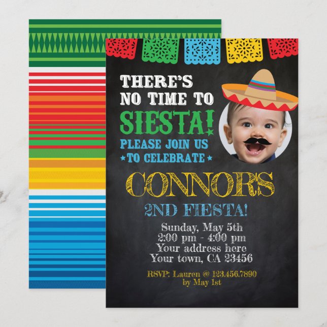 Invitación Fiesta, cinco cumpleaños de mayo con foto (Anverso / Reverso)