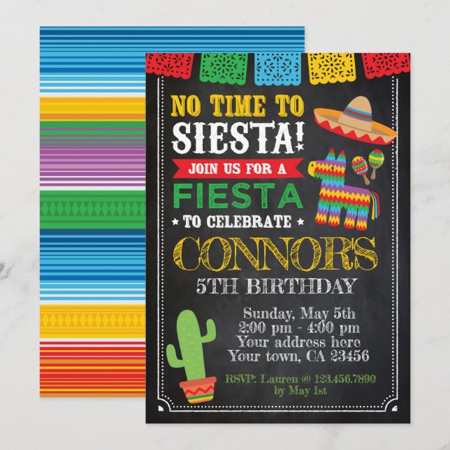 Invitación Fiesta, cinco de mayo cumpleaños (Anverso / Reverso)