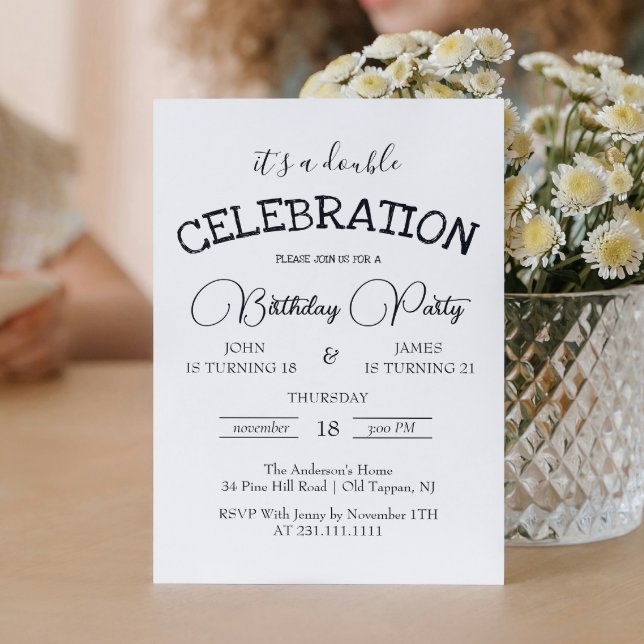 Invitación Fiesta clásica de cumpleaños doble blanco y negro (Subido por el creador)
