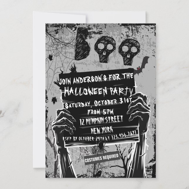 Invitación Fiesta Clásica De Halloween En Blanco Y Negro (Anverso)