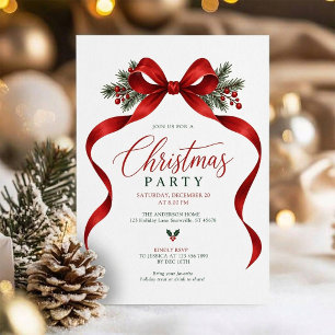 Invitación Fiesta Clásica de Navidad con Lazo Rojo Elegante