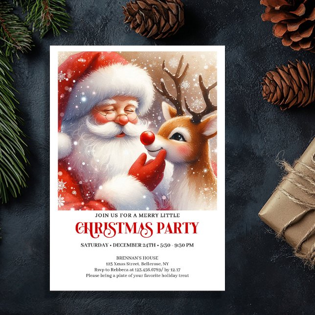 Invitación Fiesta Clásica de Navidad de Santa y Rudolph  (Classic Santa and Rudolph Festive Christmas Party Invitation

)