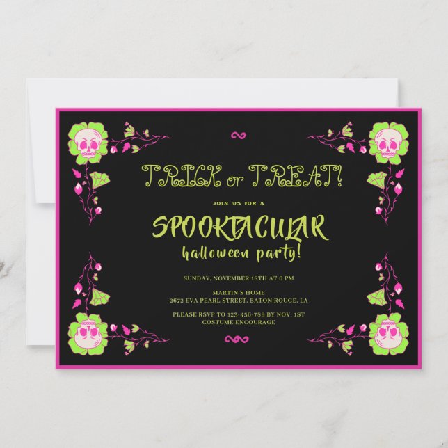 Invitación Fiesta clásico de disfraces de cráneo negro y rosa (Anverso)