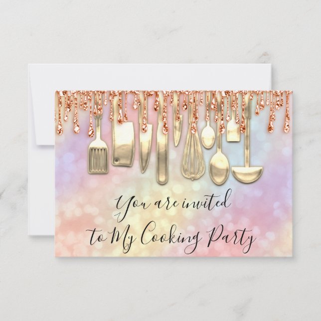 Invitación Fiesta Cocinando Chef Rosa del Holograma de Cocina (Anverso)
