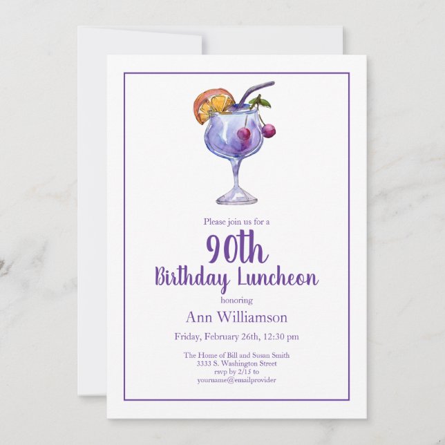 Invitación Fiesta Cóctel Acuarela Cumpleaños 90 (Anverso)
