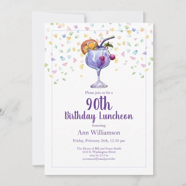 Invitación Fiesta Cóctel Acuarela Divertida Cumpleaños 90 (Anverso)