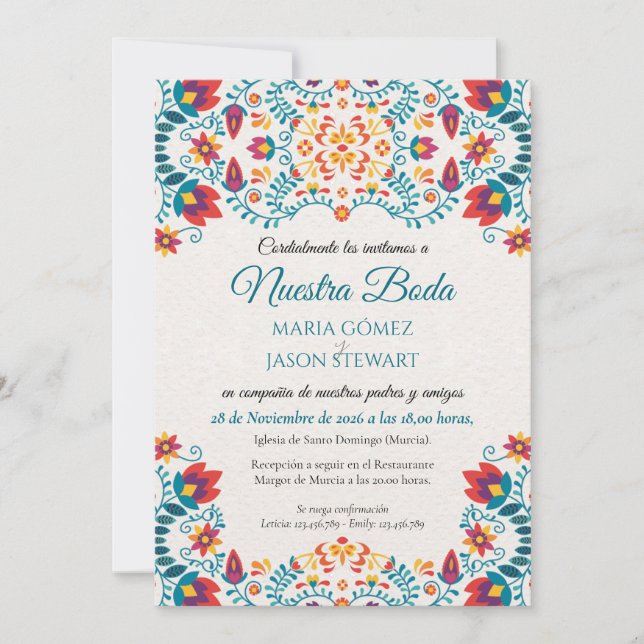 Invitación Fiesta Colorful Botanical Floral Spanish Wedding (Anverso)
