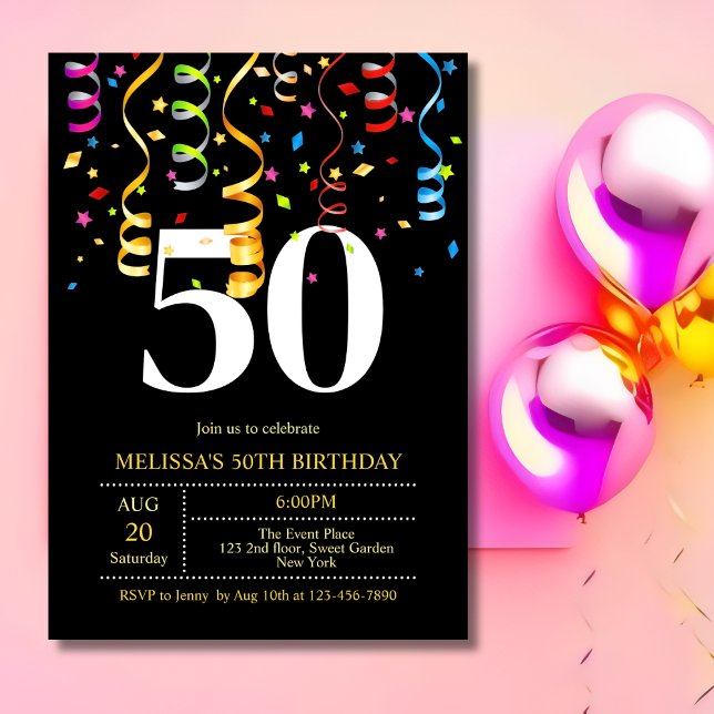 Invitación Fiesta colorida Confetti Ribbon Black Birday (Subido por el creador)