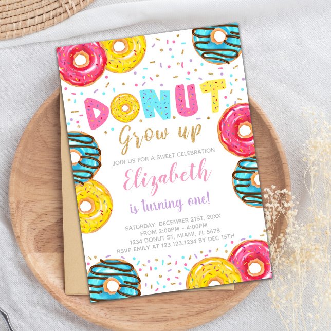 Invitación Fiesta colorida editable (Yellow Green Donut Birthday Invitations)