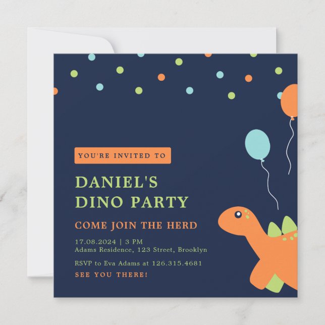 Invitación Fiesta colorido de Confetti Dinosaur Cumpleaños (Anverso)