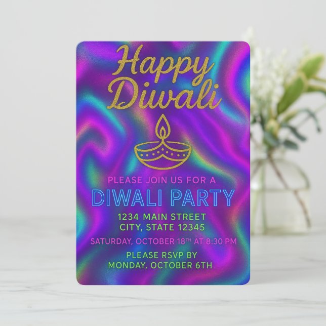 Invitación Fiesta colorido Neon Glow Happy Diwali (Anverso de pie)