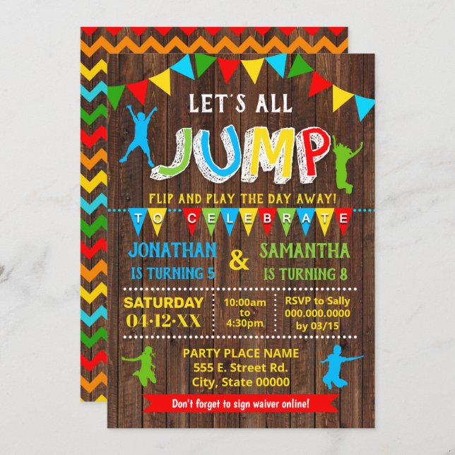 Invitación fiesta combinado de rebote por trampolín de cumple (Anverso / Reverso)