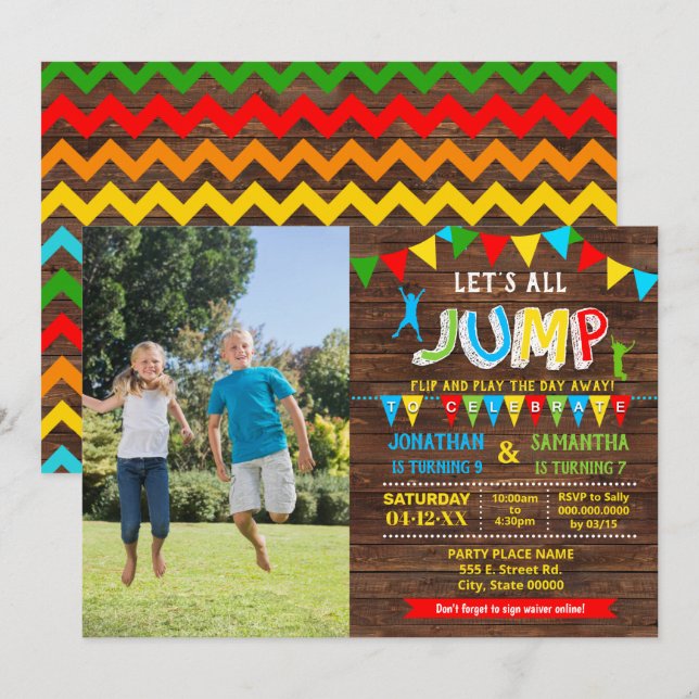 Invitación Fiesta combinado de rebote trampolín de cumpleaños (Anverso / Reverso)