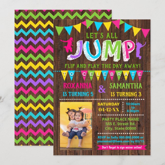 Invitación fiesta combinado de trampoline de cumpleaños Jump (Anverso / Reverso)