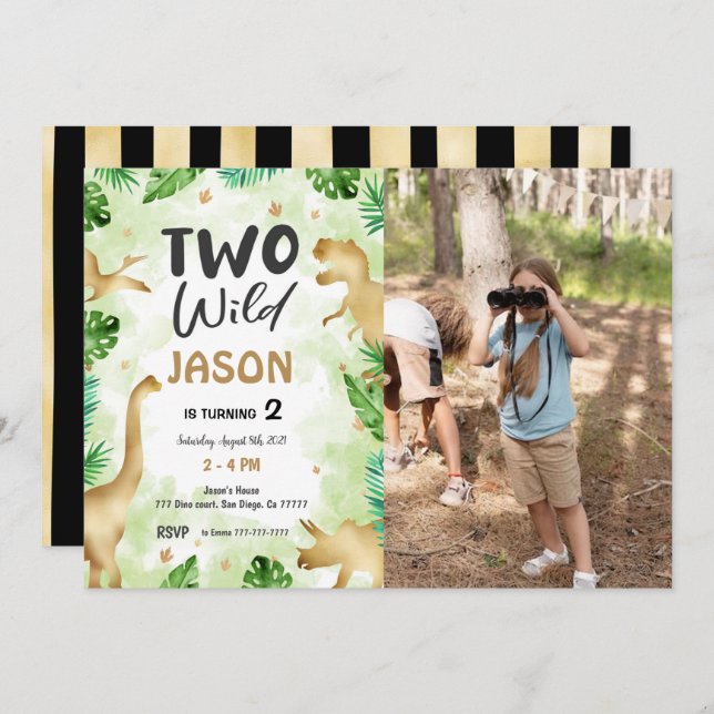 Invitación Fiesta como dinosaurio, foto de cumpleaños de dino (Anverso / Reverso)