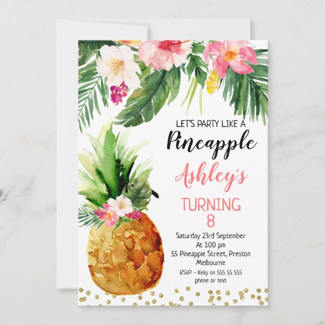 Invitación Fiesta Como Un Cumpleaños Floral De Piña (Anverso)