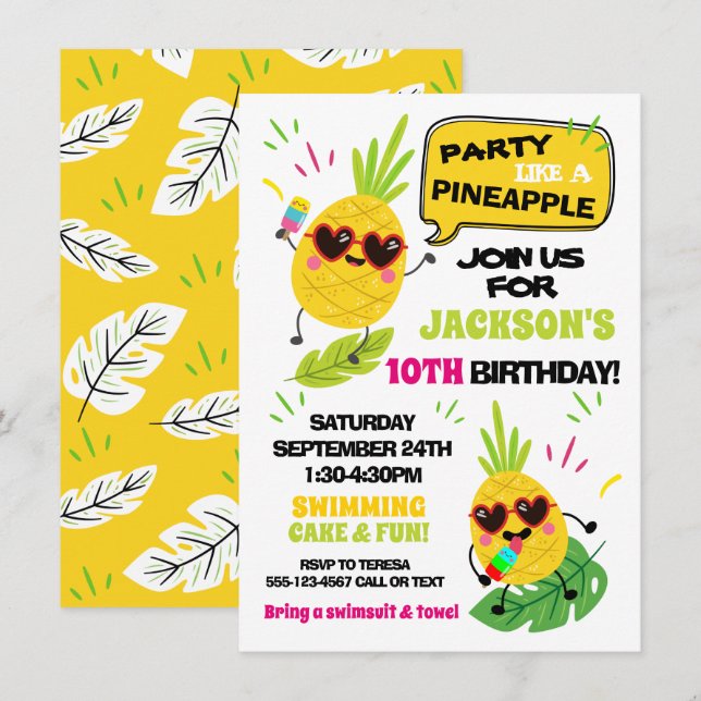 Invitación Fiesta como un cumpleaños tropical de piña (Anverso / Reverso)