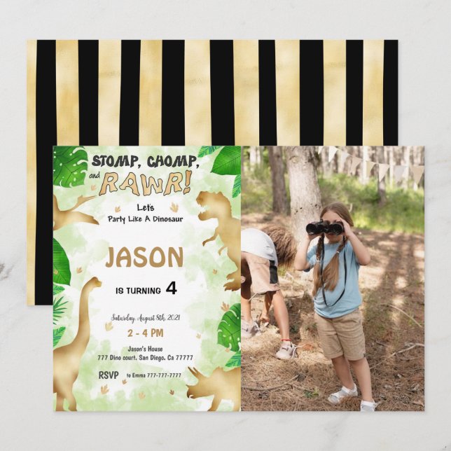 Invitación Fiesta como un dinosaurio, foto de fiesta de cumpl (Anverso / Reverso)