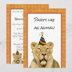 Invitación Fiesta Como Un León Animal Con Cumpleaños Gorra