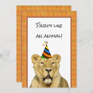 Invitación Fiesta Como Un León Animal Con Gorra Cumpleaños