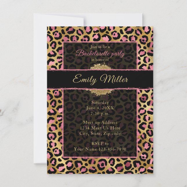 Invitación Fiesta con estampado de leopardo de purpurina rosa (Anverso)