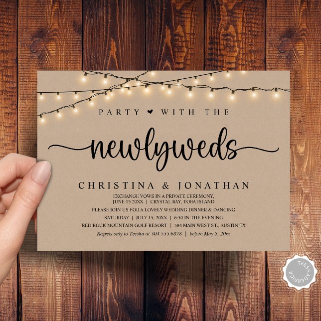 Invitación Fiesta Con La Cena De Bodas Rústicos Y Recién Madr (Party With The Newlyweds, Rustic Wedding Dinner Invitation Card, PDF, String Lights Brown Kraft)
