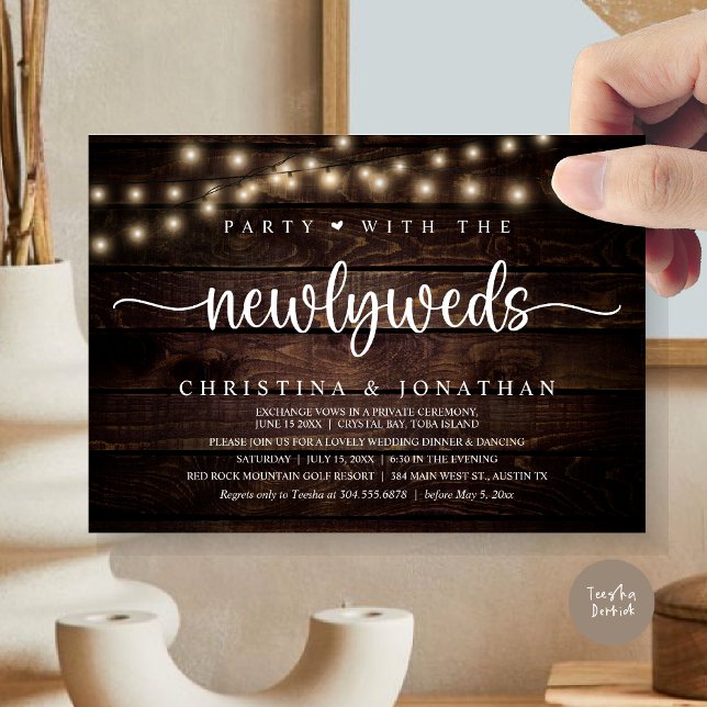 Invitación Fiesta Con La Cena De Bodas Rústicos Y Recién Madr (Party With The Newlyweds, Rustic Wedding Dinner Invitation card, pdf, in cottage dark wood)
