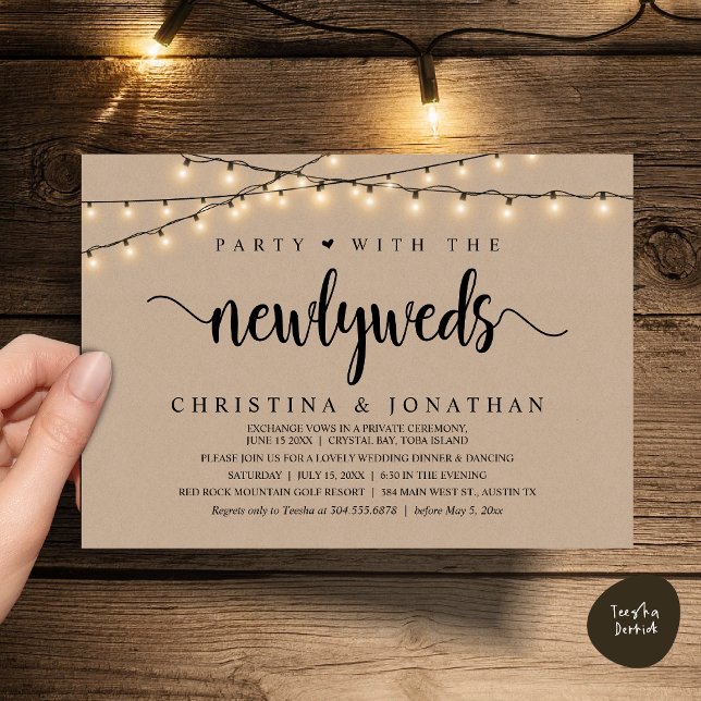 Invitación Fiesta Con La Cena De Bodas Rústicos Y Recién Madr (Party With The Newlyweds, Rustic Wedding Dinner Invitation Card, PDF, String Lights Brown Kraft)