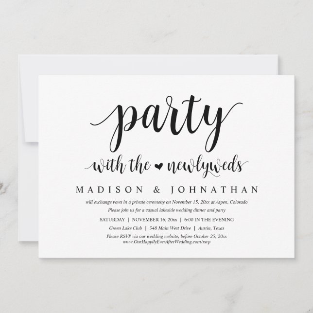 Invitación Fiesta con los recién casados, Boda Elopement Dinn (Anverso)