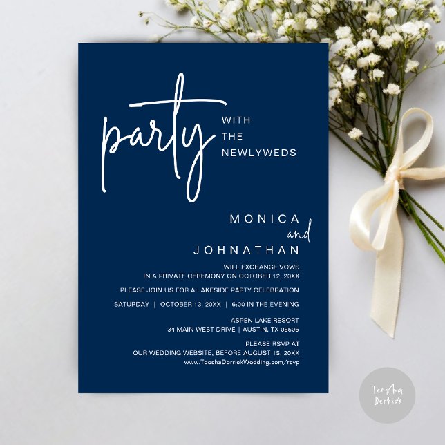 Invitación Fiesta Con Los Recién Matados, Cena Boda (Party with the newlyweds, Post wedding dinner celebration invitation card, PDF, in Navy Blue)