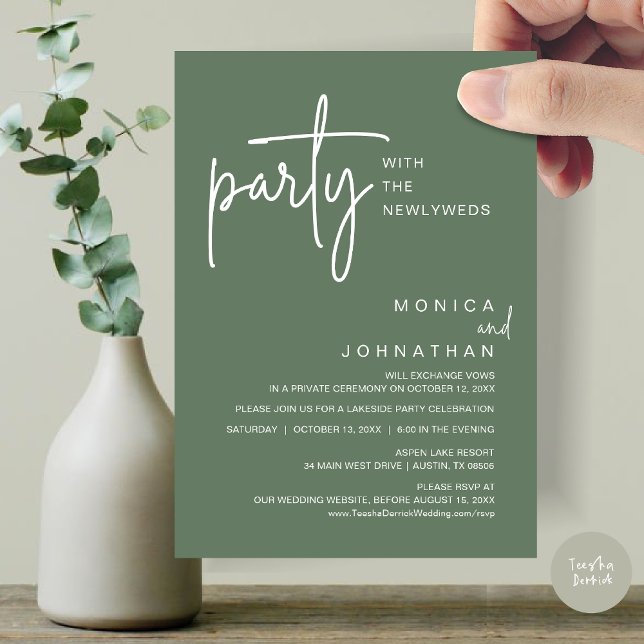 Invitación Fiesta Con Los Recién Matados, Cena Boda (Party with the newlyweds, Post wedding dinner celebration invitation card, PDF, in Sage Green)