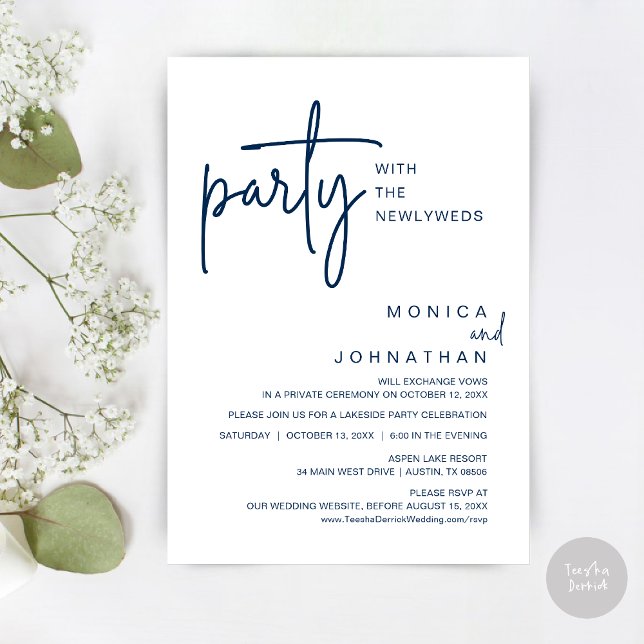 Invitación Fiesta Con Los Recién Matados, Cena Boda (Party with the newlyweds, Post wedding dinner celebration invitation card, PDF, in Navy Blue)
