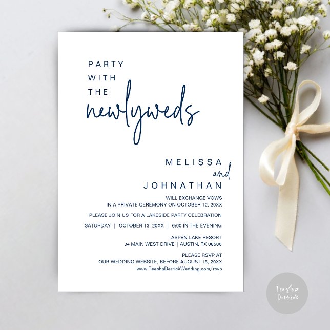 Invitación Fiesta Con Los Recién Matados, Cena Boda (Party with the newlyweds, Post wedding dinner celebration invitation card, PDF, in Navy Blue)