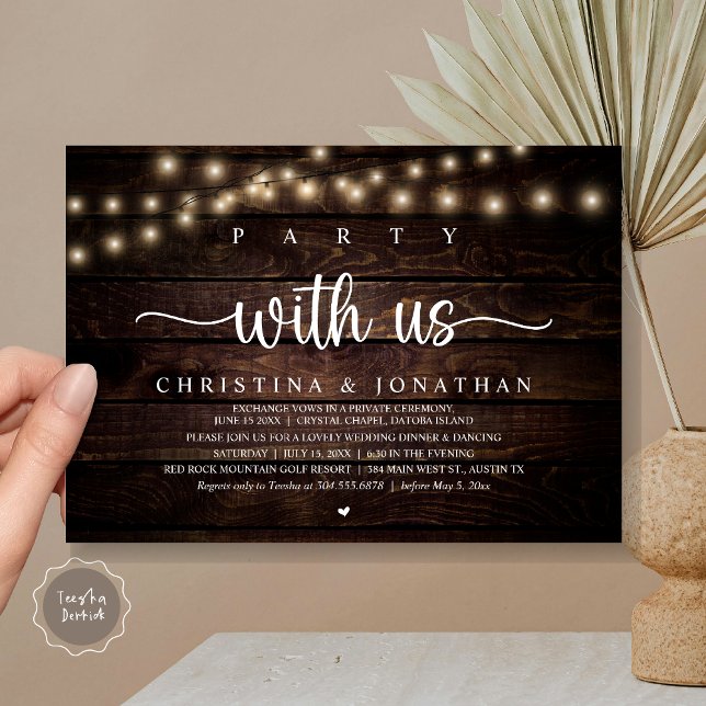 Invitación Fiesta con nosotros, Rústico Boda Cena Elopement (Party with us, Rustic Wedding Dinner Elopement Invitation card, pdf, in cottage dark wood)