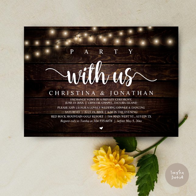 Invitación Fiesta con nosotros, Rústico Boda Cena Elopement (Party with us, Rustic Wedding Dinner Elopement Invitation card, pdf, in cottage dark wood)