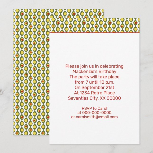 Invitación Fiesta con patrón de cuentas de oliva retro funky  (Anverso / Reverso)